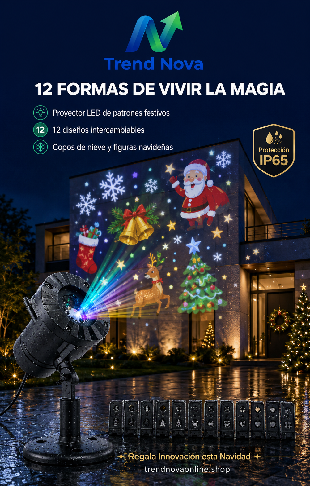 Proyector LED 12 Patrones Navideños – IP65 Waterproof, Copos de Nieve y Figuras Festivas