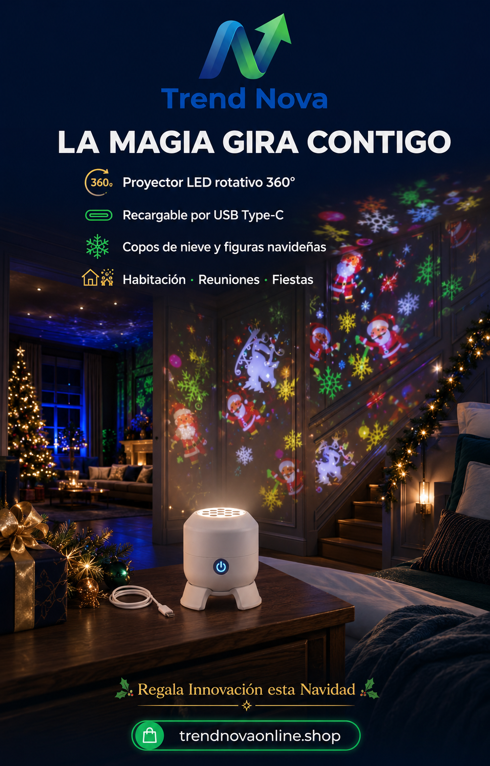 Proyector LED 360° Rotativo USB Type-C – Copos de Nieve y Navidad, Recargable, Para Habitación y Fiestas