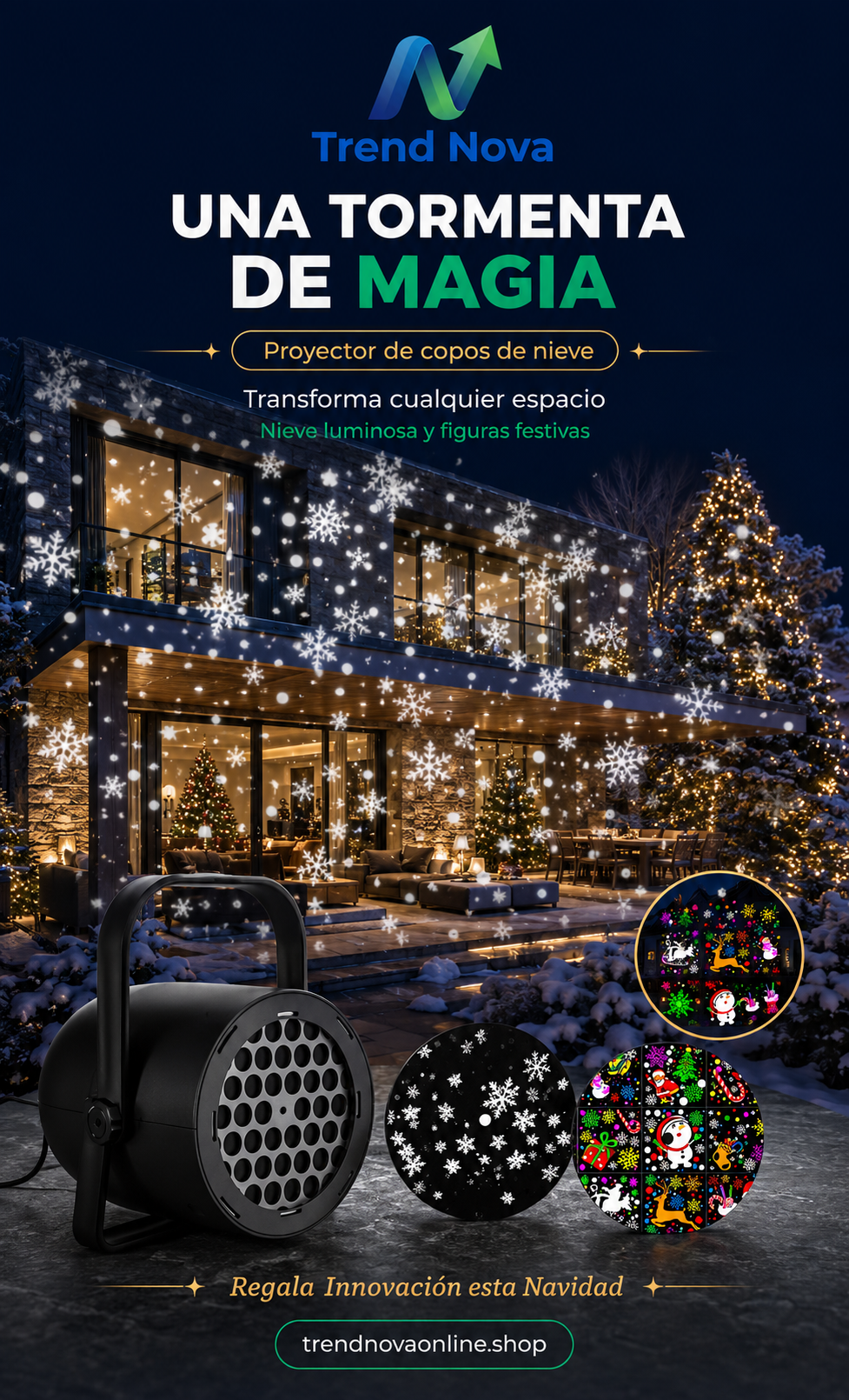 Proyector LED Copo de Nieve USB – IP65 Waterproof, Efecto Nieve Realista, 360° Ajustable