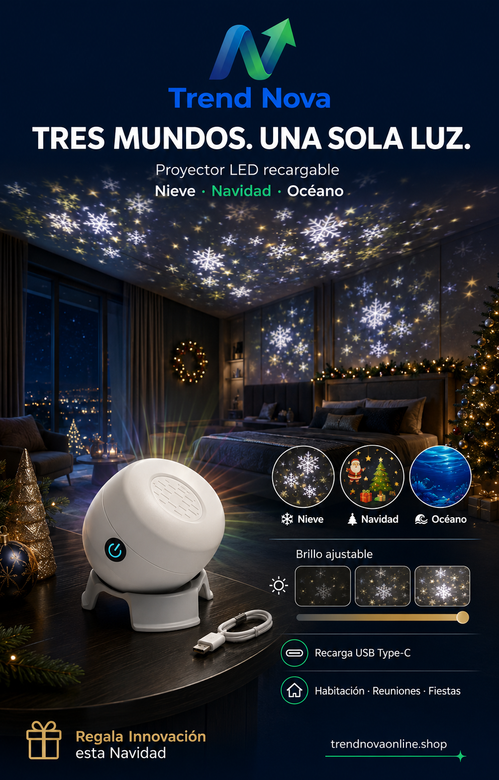 Proyector LED Recargable USB Type-C – Copos de Nieve, Navidad y Océano, Dimmable, Para Habitación y Fiestas