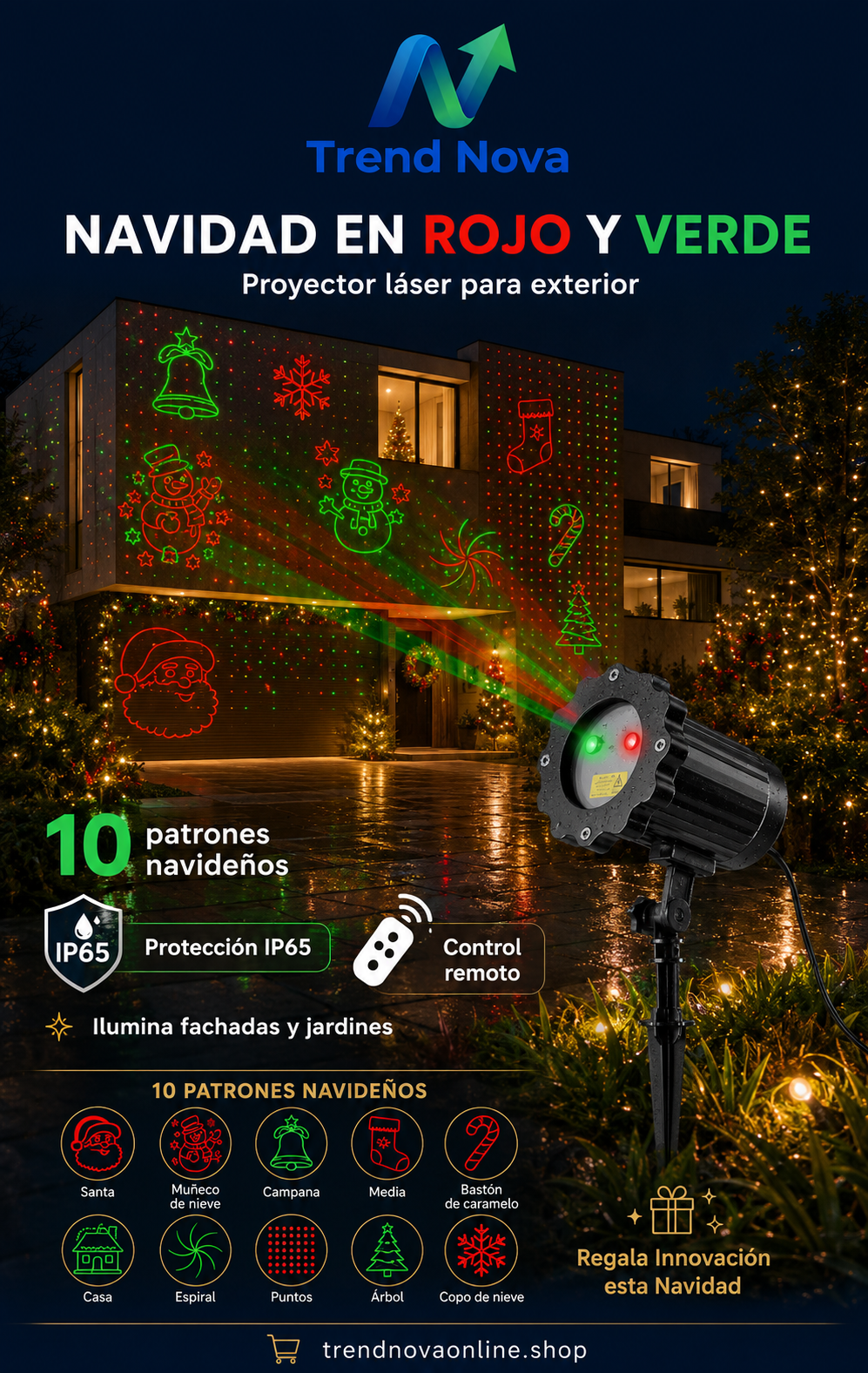 Proyector Láser Navideño Exterior – Rojo y Verde, 10 Patrones, IP65 Waterproof, Control Remoto