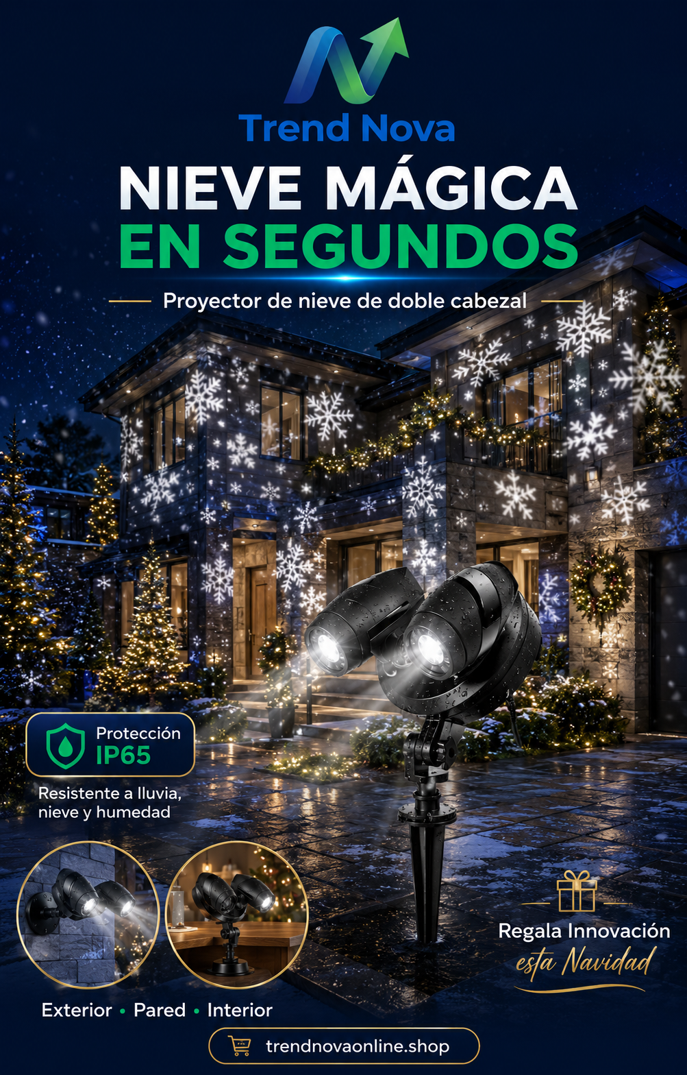 Proyector de Nieve Doble Cabezal IP65 – Luces Navideñas Rotativas con Control Remoto y Timer