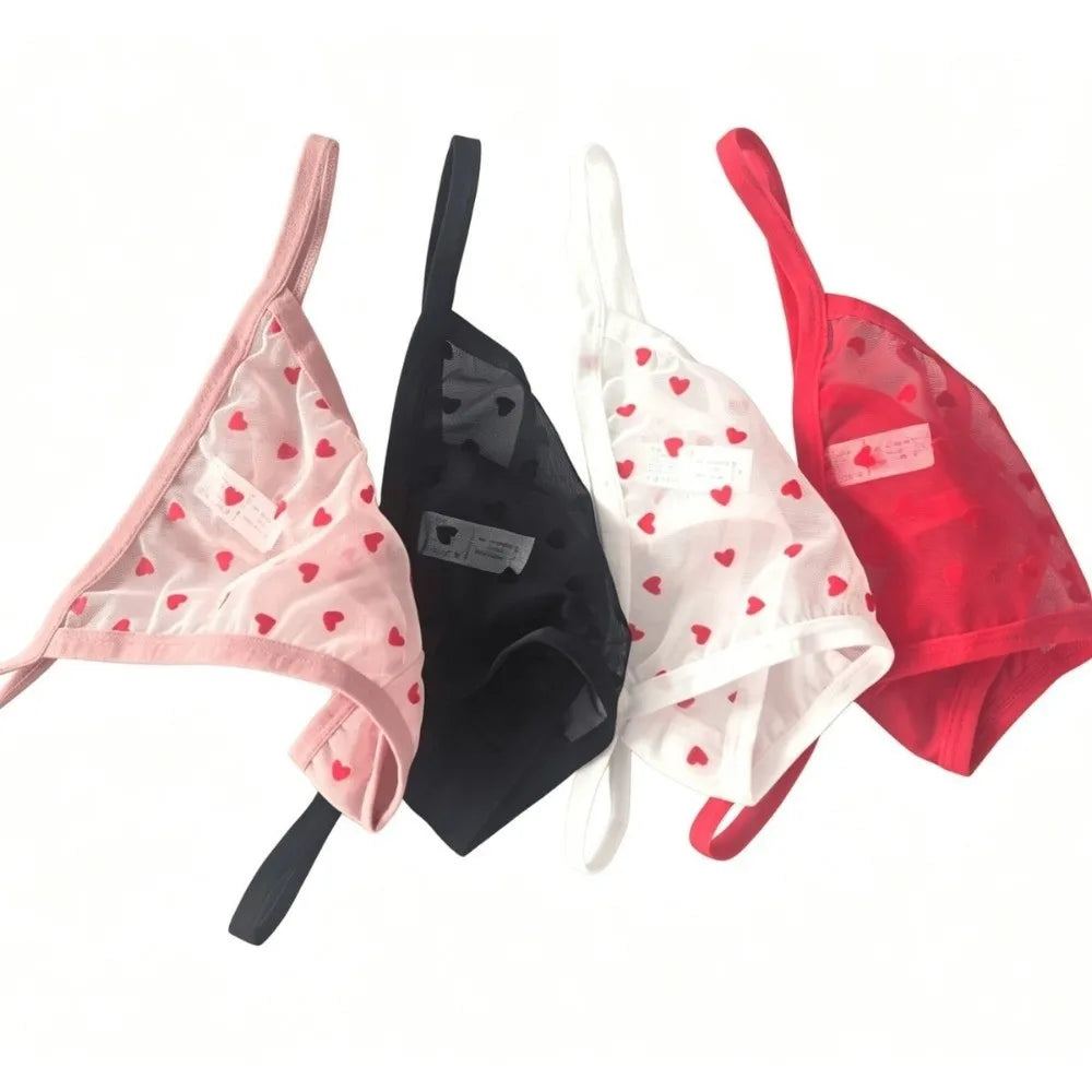 Tanga de malla con corazones y encaje para mujer