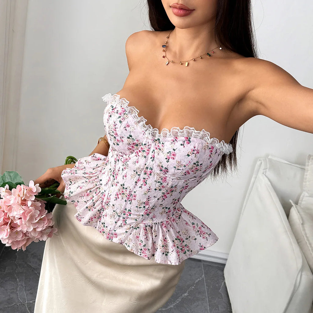 Top tipo corsé floral con encaje y tiras cruzadas para mujer