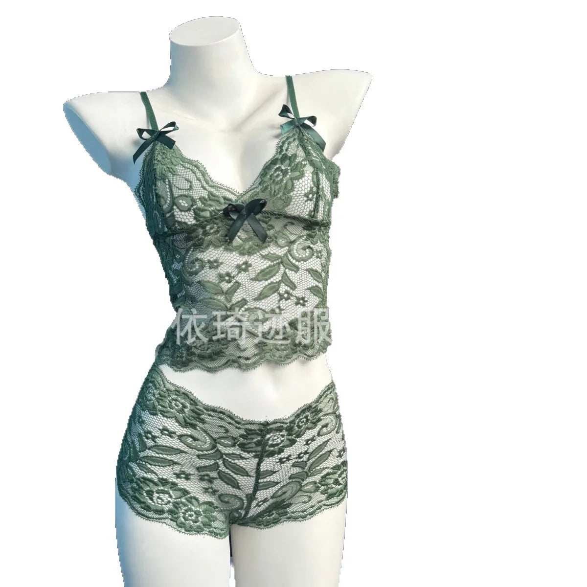Pijama de encaje para mujer de 2 piezas con escote en V
