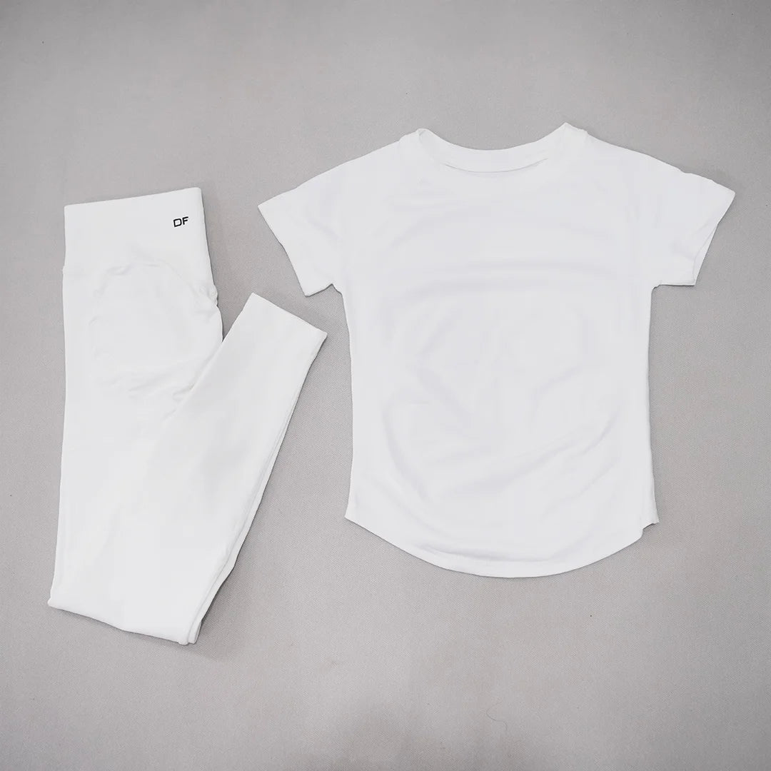 Conjunto deportivo de mujer sin costuras con top de manga corta y leggings