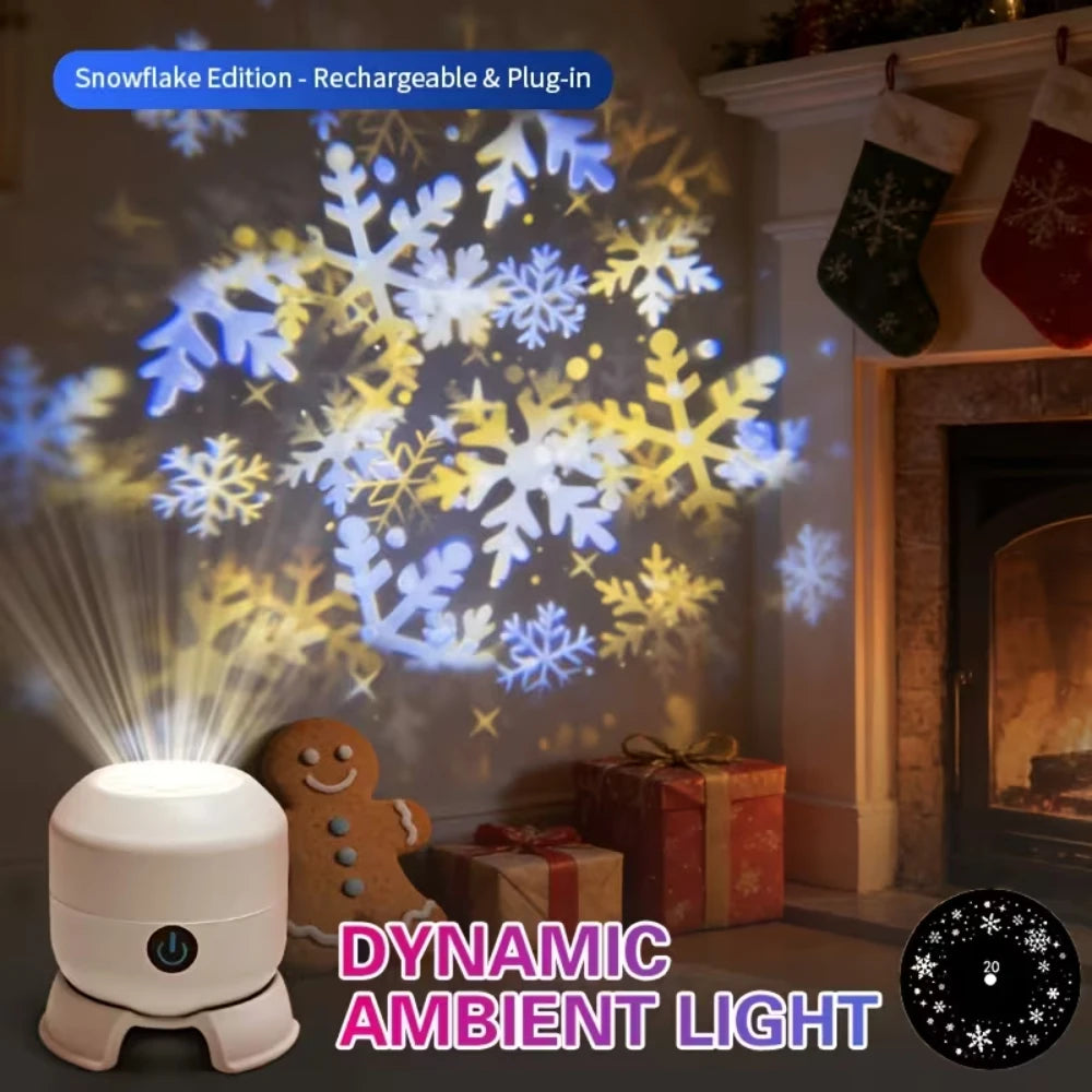 Proyector LED Recargable USB Type-C – Copos de Nieve, Navidad y Océano, Dimmable, Para Habitación y Fiestas