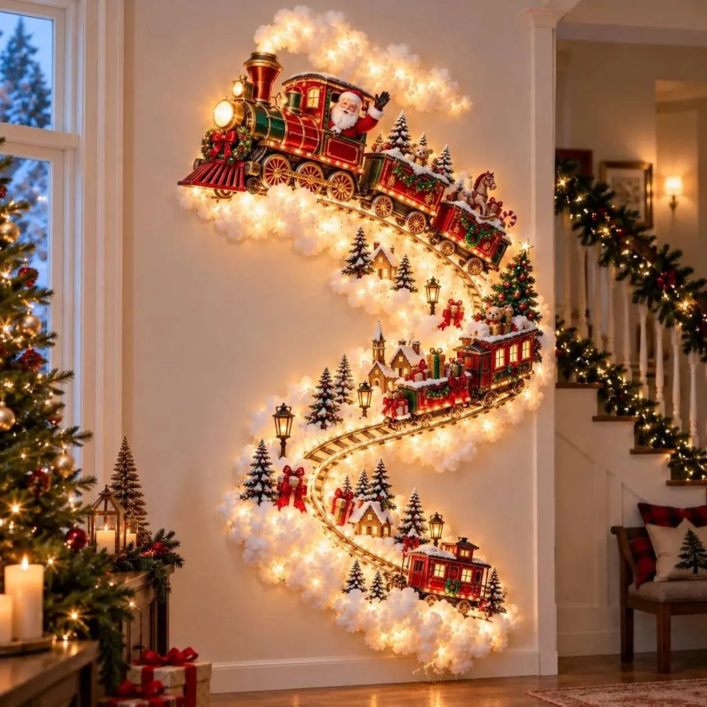 Decoración navideña de pared con luces LED y figuras festivas
