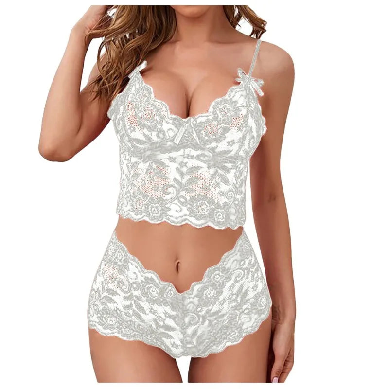 Pijama de encaje para mujer de 2 piezas con escote en V