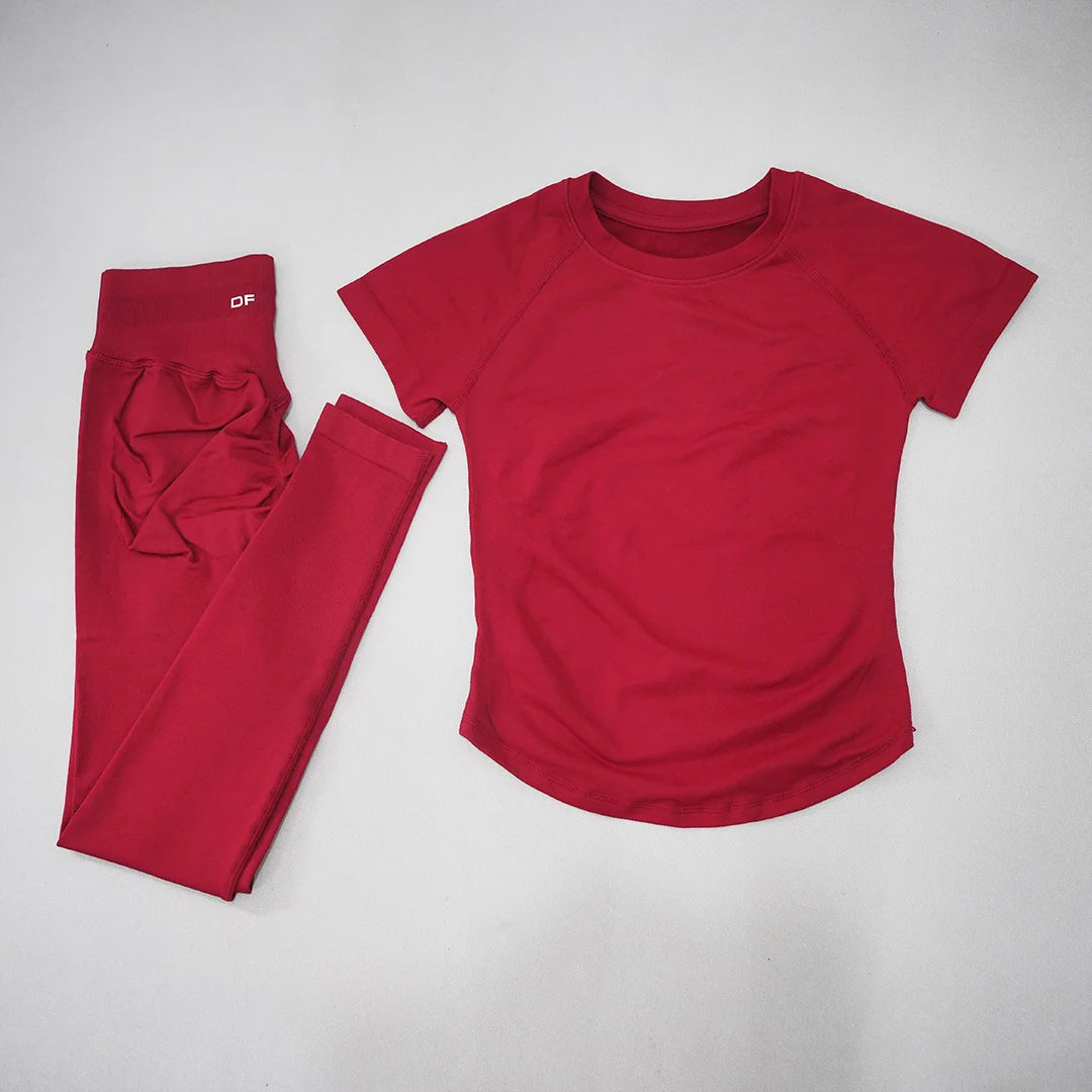 Conjunto deportivo de mujer sin costuras con top de manga corta y leggings
