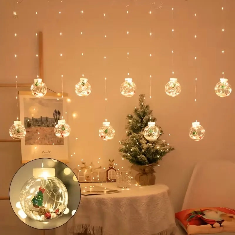 Cortina LED Navideña USB – Patrones Santa, Muñeco de Nieve y Árbol, 8 Modos, 100 LEDs