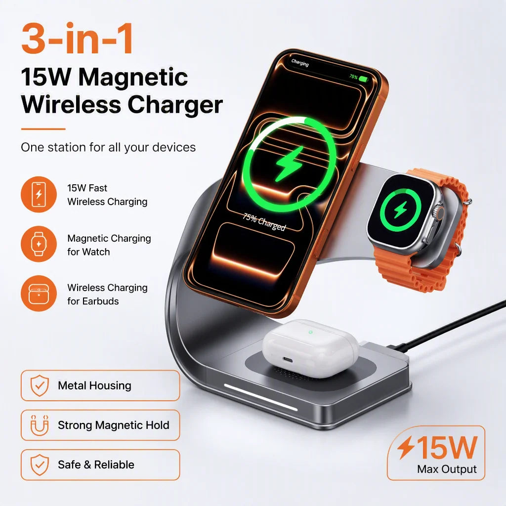 Cargador Magnético 3-en-1 15W — iPhone, Watch & AirPods