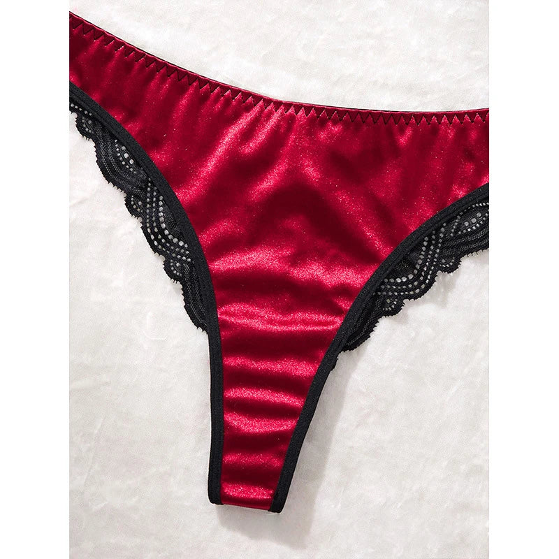 Conjunto de Lencería de Encaje Rojo y Negro de 3 Piezas