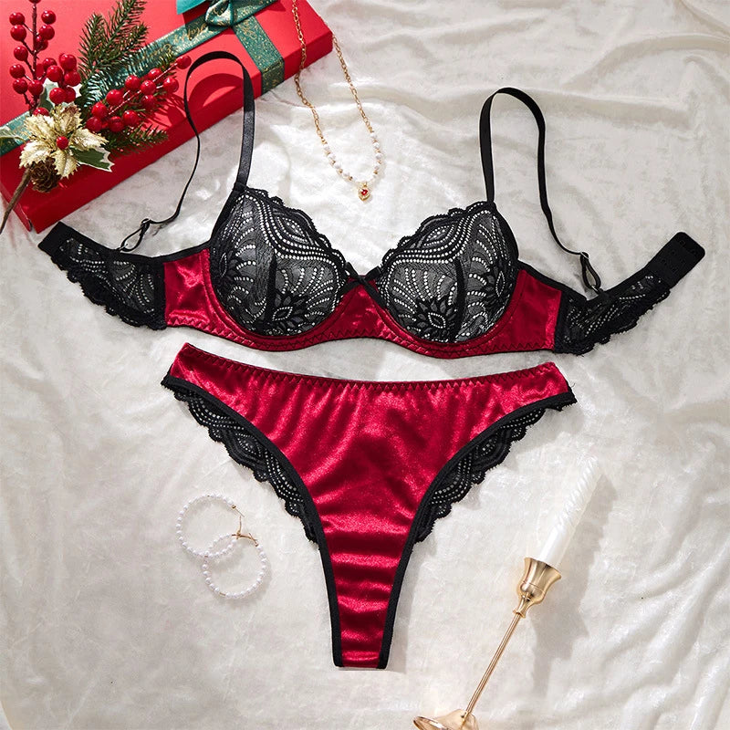 Conjunto de Lencería de Encaje Rojo y Negro de 3 Piezas