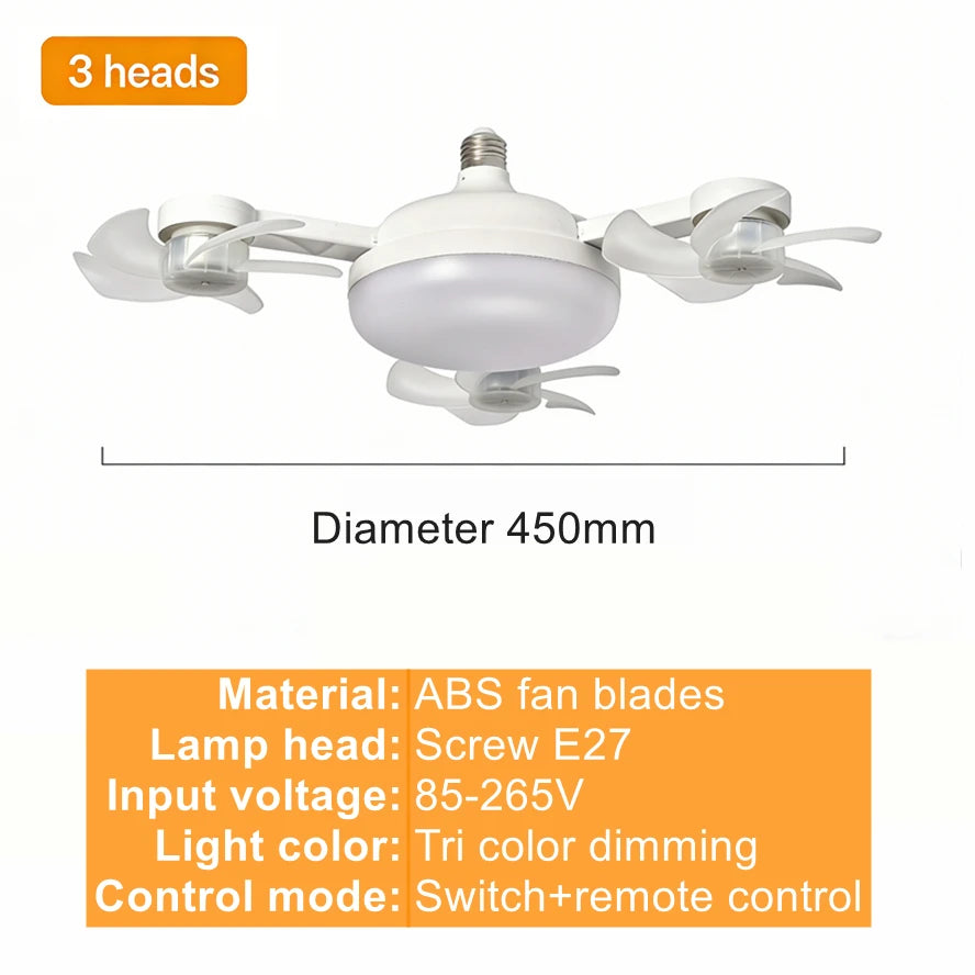 Bombilla Ventilador LED E27 3 en 1 — Control Remoto, Luz Tricolor Regulable, 3 o 4 Aspas