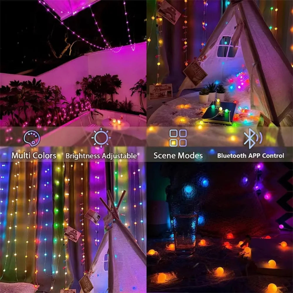 Smart Bulb String Lights RGB – Bluetooth App & Remote, IP65 Waterproof