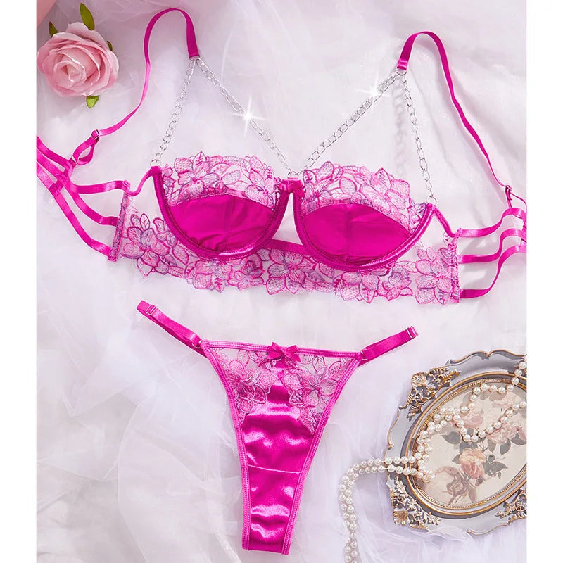 Conjunto de Sujetador y Braga con Cadena y Bordado Rojo Rosa
