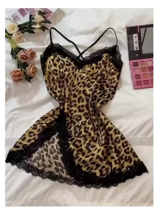 Camisón de Satén Estampado Leopardo con Encaje