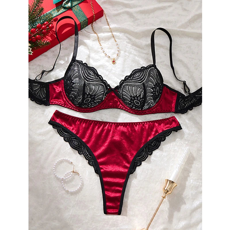 Conjunto de Lencería de Encaje Rojo y Negro de 3 Piezas
