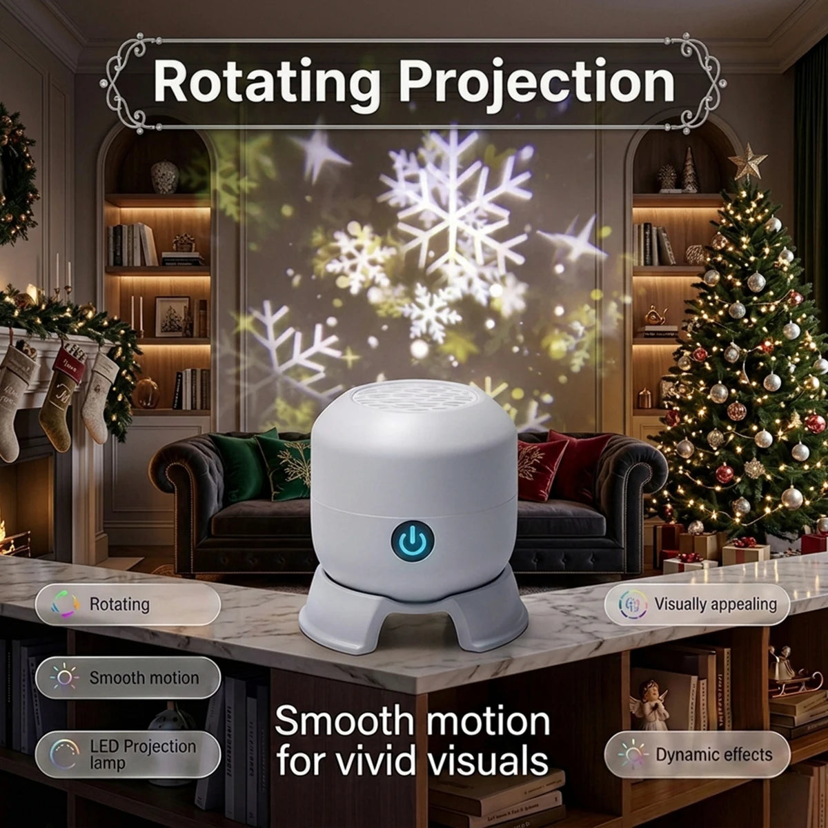 Proyector LED Recargable USB Type-C – Copos de Nieve, Navidad y Océano, Dimmable, Para Habitación y Fiestas