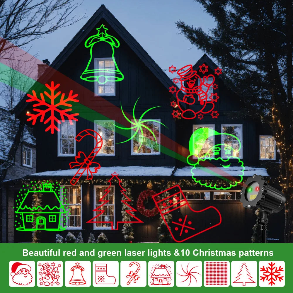Proyector Láser Navideño Exterior – Rojo y Verde, 10 Patrones, IP65 Waterproof, Control Remoto
