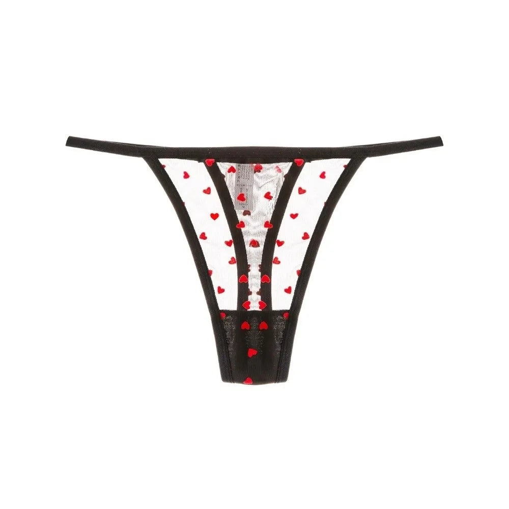 Tanga de malla con corazones y encaje para mujer