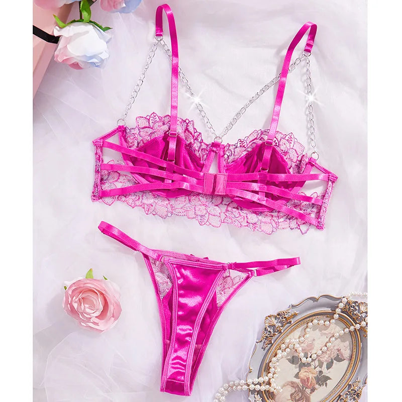 Conjunto de Sujetador y Braga con Cadena y Bordado Rojo Rosa