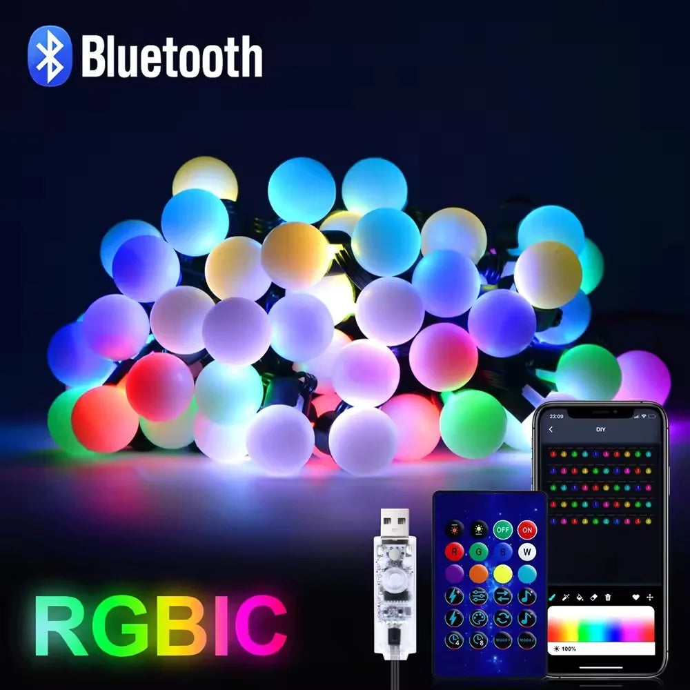 Smart Bulb String Lights RGB – Bluetooth App & Remote, IP65 Waterproof