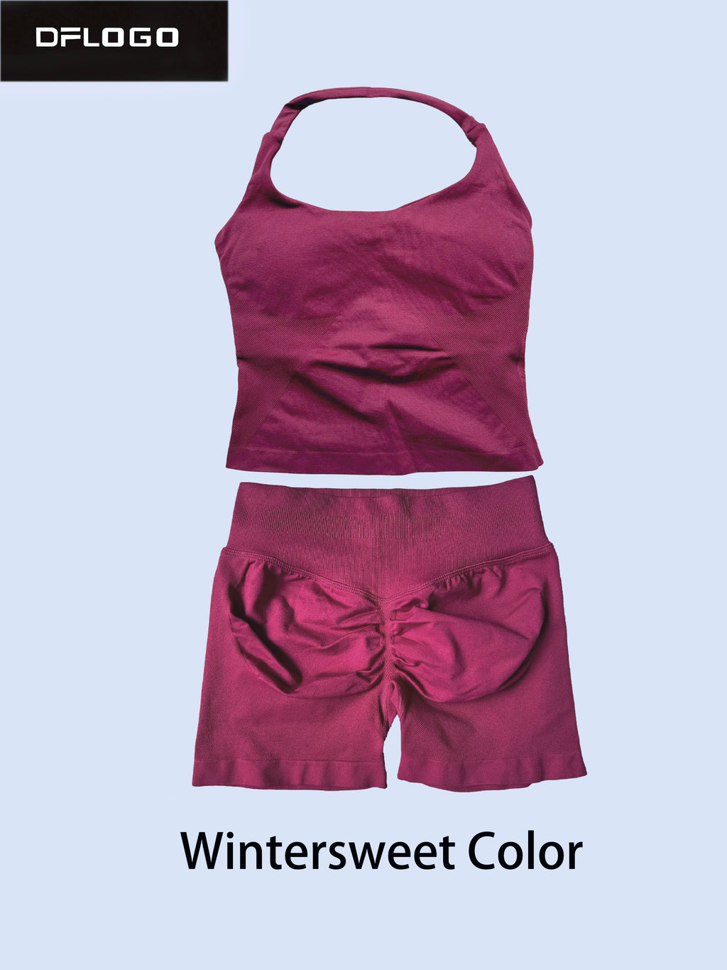 Conjunto deportivo de mujer sin costuras con top halter y short de cintura alta