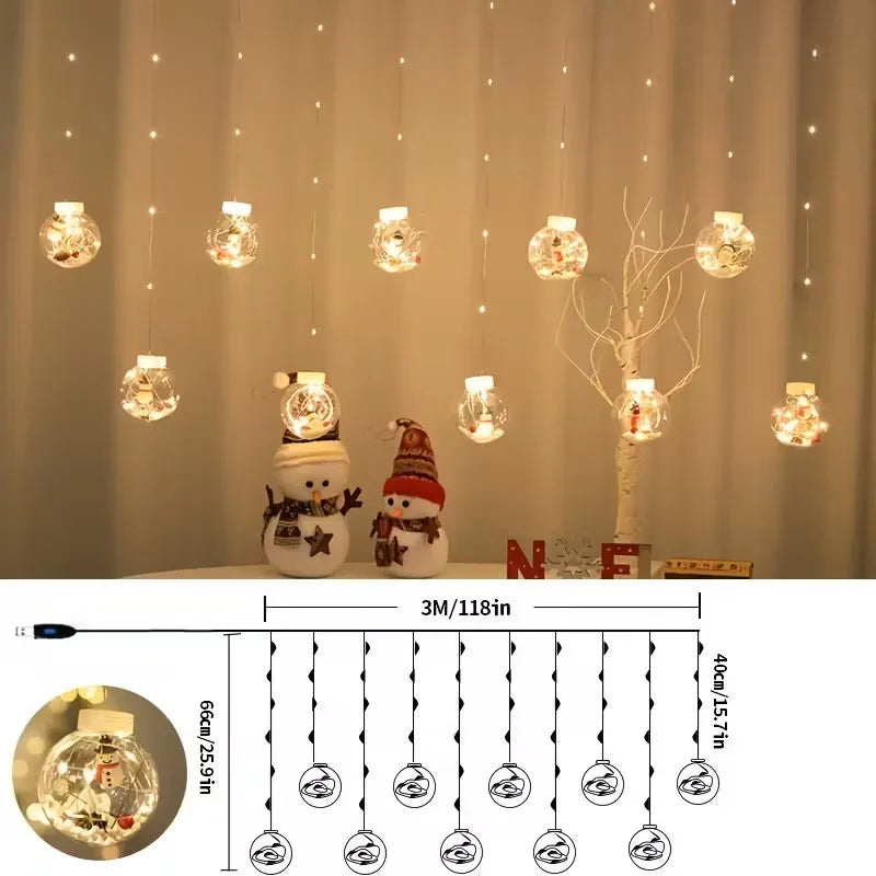 Cortina LED Navideña USB – Patrones Santa, Muñeco de Nieve y Árbol, 8 Modos, 100 LEDs