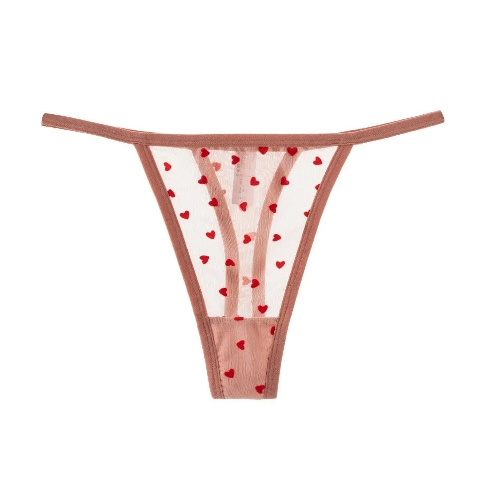 Tanga de malla con corazones y encaje para mujer