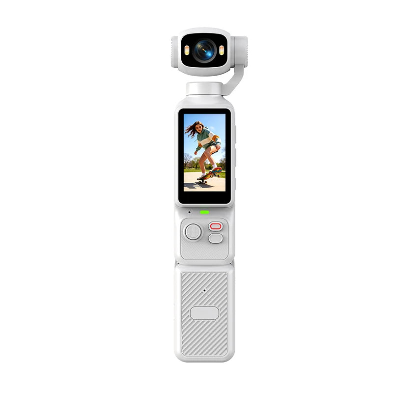 Cámara de Acción 4K con Gimbal Portatil | Lente Giratorio 180°, Antivibracón, Luz de Relleno y Micrófono para Vlogs y Deportes