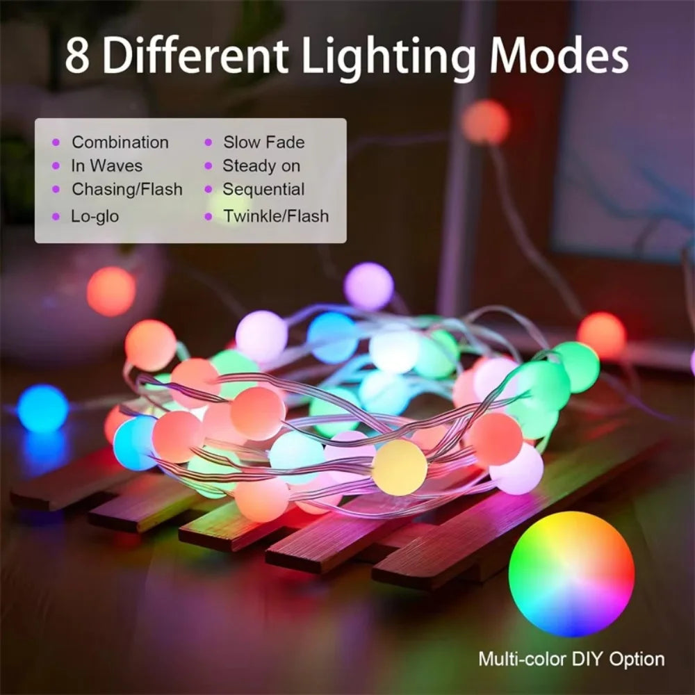 Smart Bulb String Lights RGB – Bluetooth App & Remote, IP65 Waterproof