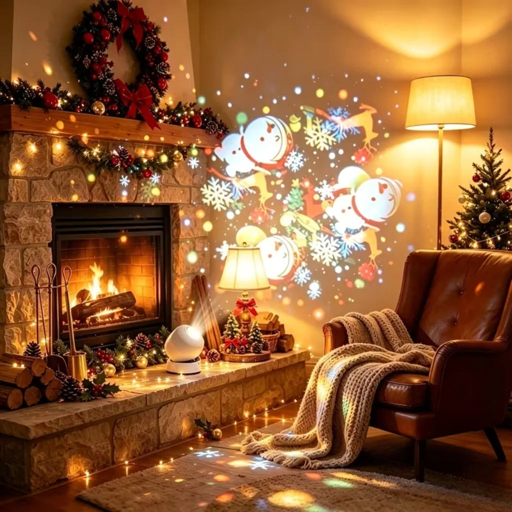 Proyector LED 360° Rotativo USB Type-C – Copos de Nieve y Navidad, Recargable, Para Habitación y Fiestas