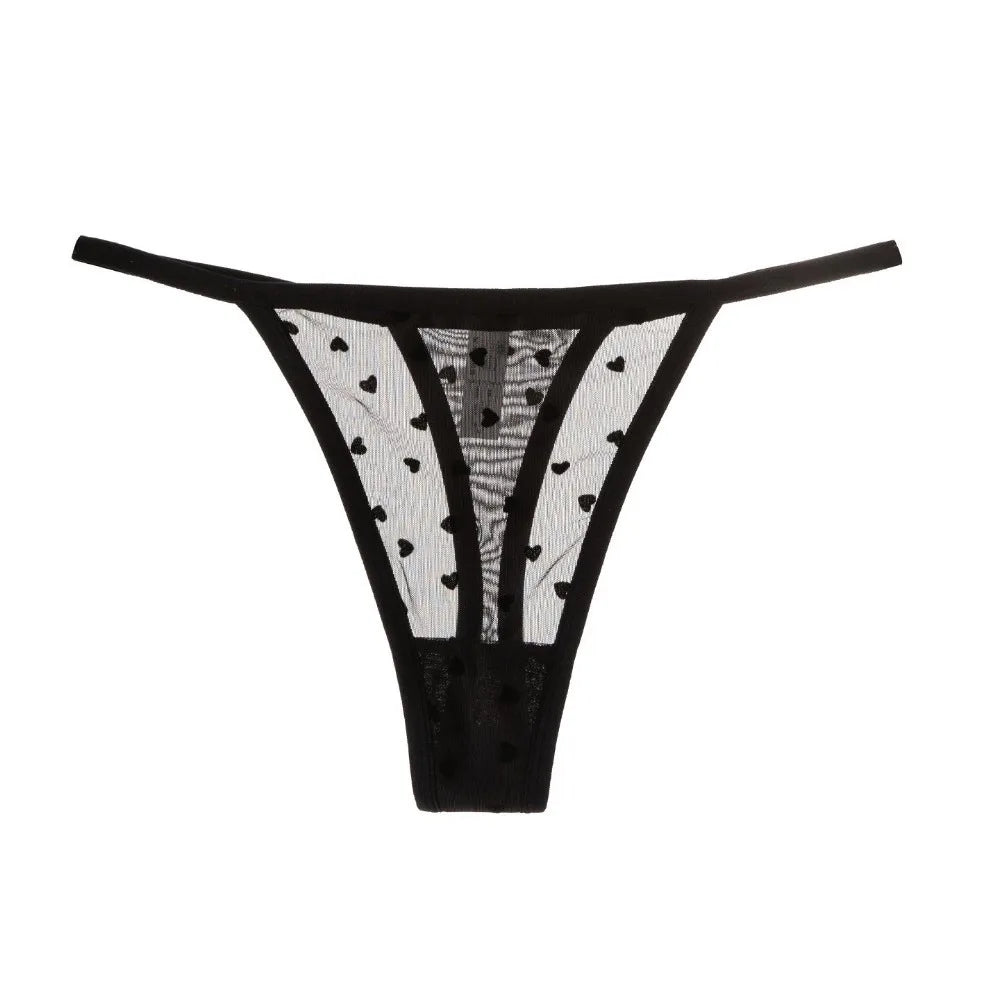Tanga de malla con corazones y encaje para mujer