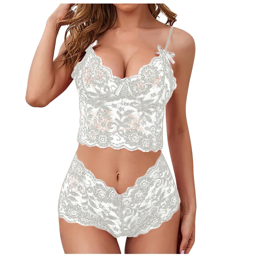 Pijama de encaje para mujer de 2 piezas con escote en V