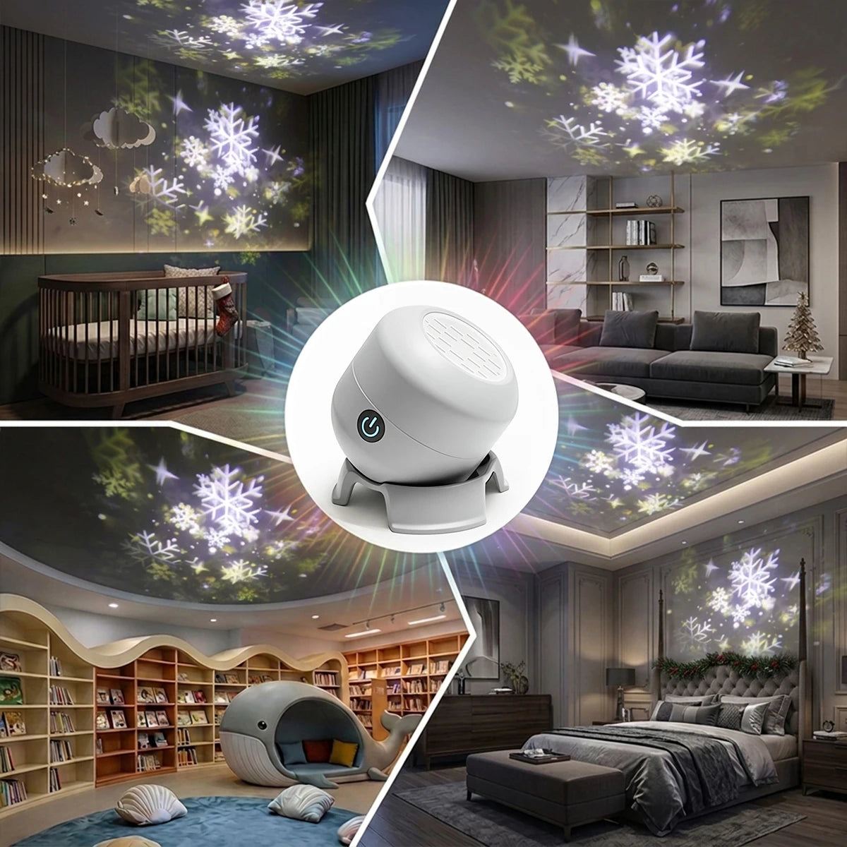 Proyector LED Recargable USB Type-C – Copos de Nieve, Navidad y Océano, Dimmable, Para Habitación y Fiestas