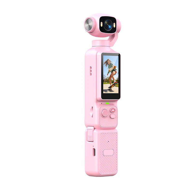 Cámara de Acción 4K con Gimbal Portatil | Lente Giratorio 180°, Antivibracón, Luz de Relleno y Micrófono para Vlogs y Deportes