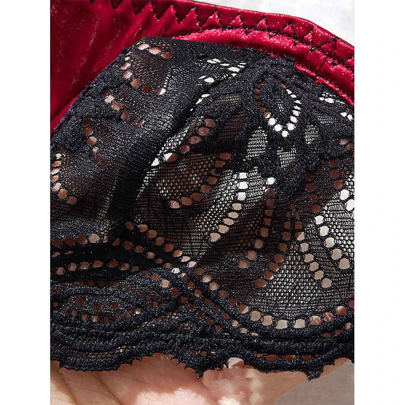 Conjunto de Lencería de Encaje Rojo y Negro de 3 Piezas