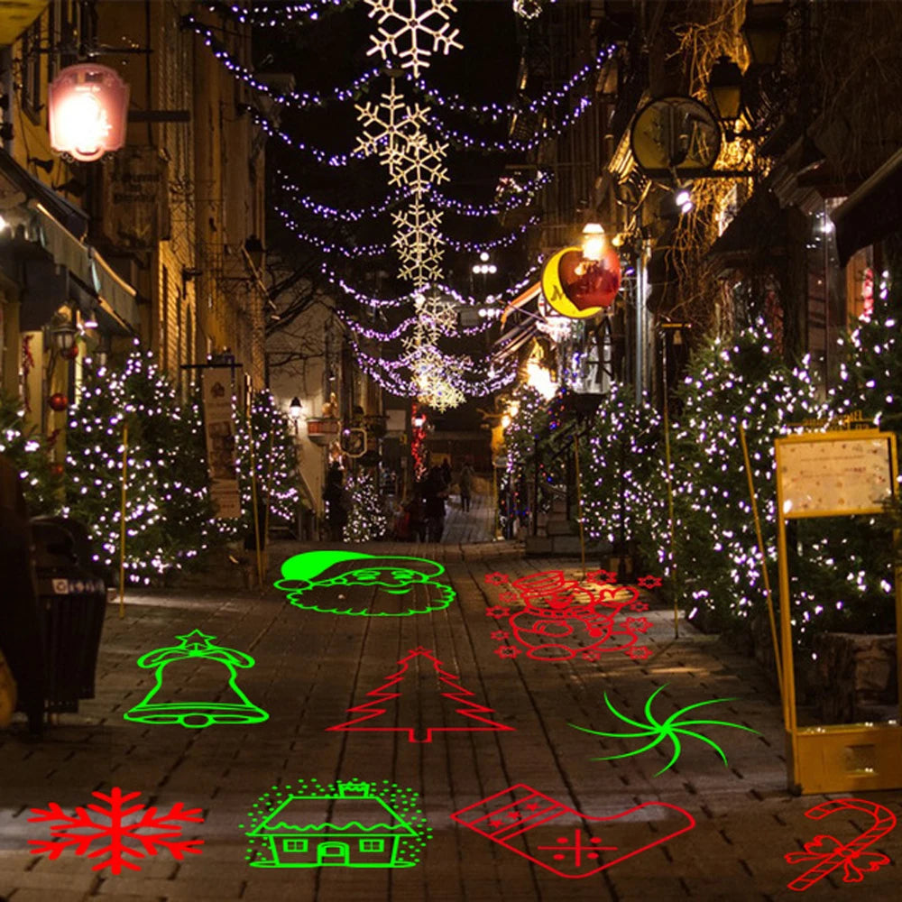 Proyector Láser Navideño Exterior – Rojo y Verde, 10 Patrones, IP65 Waterproof, Control Remoto
