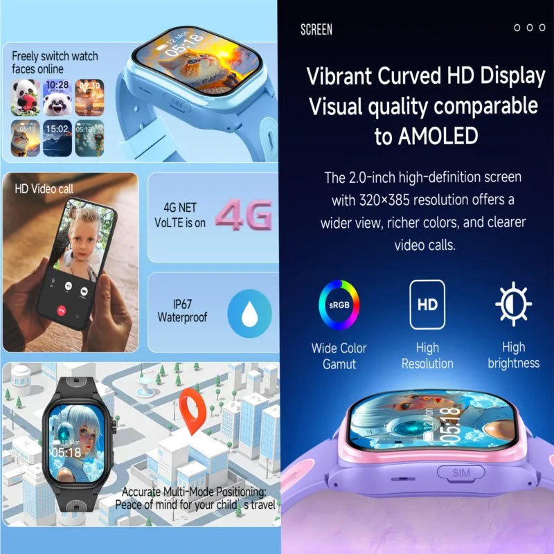 Kids 4G Smart Watch GPS WiFi Locator 2.0 Inch HD Screen 2+16GB APP Download Video Call Camera Waterproof Child Monitor Watch