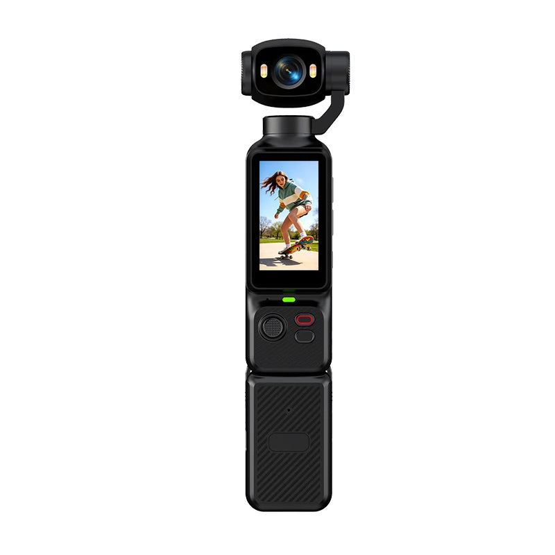 Cámara de Acción 4K con Gimbal Portatil | Lente Giratorio 180°, Antivibracón, Luz de Relleno y Micrófono para Vlogs y Deportes
