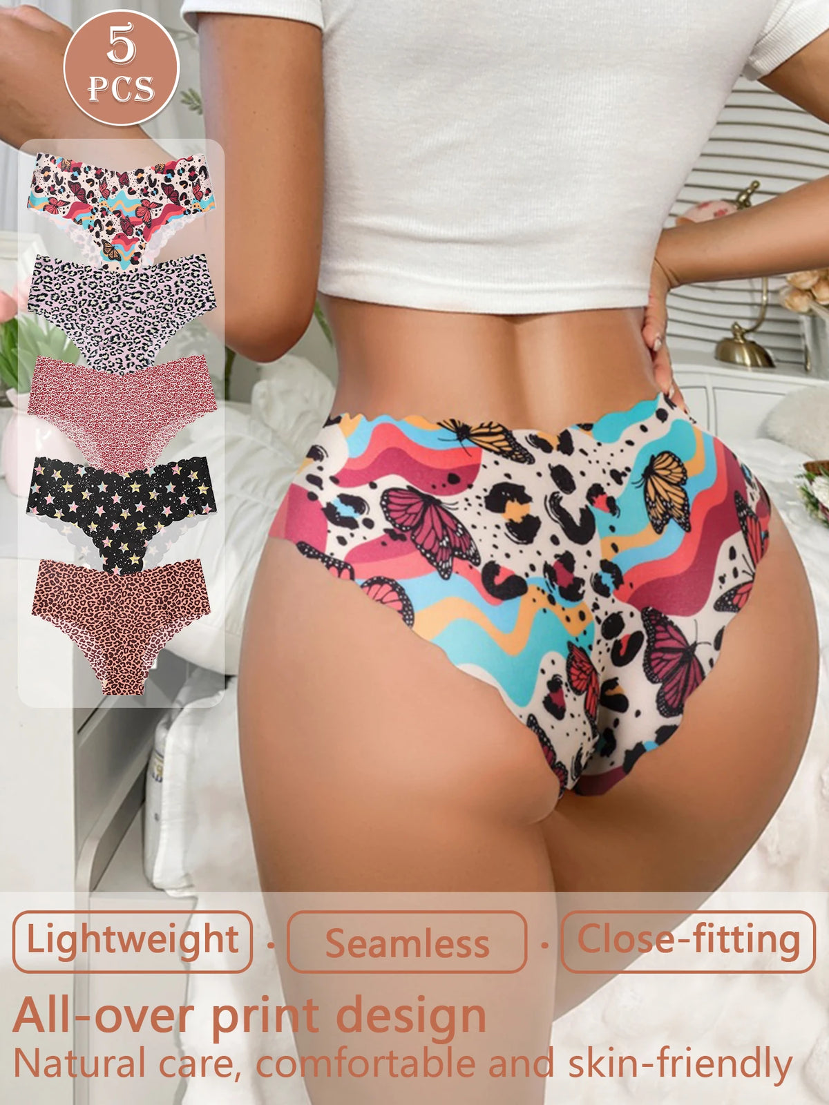 Paquete de 5 panties para mujer, lisos y estampados