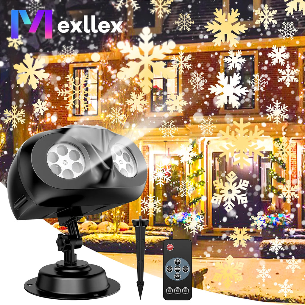 Proyector de Nieve Doble Cabezal IP65 – Luces Navideñas Rotativas con Control Remoto y Timer