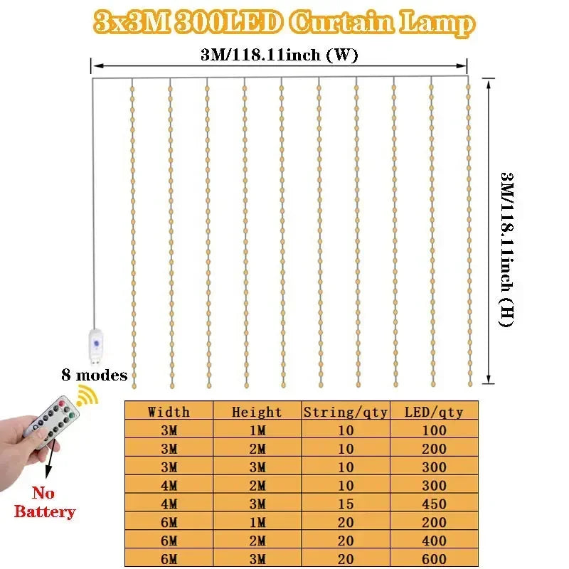 Cortina LED USB – 3 Colores, 8 Modos, Control Remoto, 3M-6M Para Navidad, Bodas y Decoración
