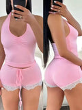 Pijama rosa de dos piezas para mujer con encaje y shorts