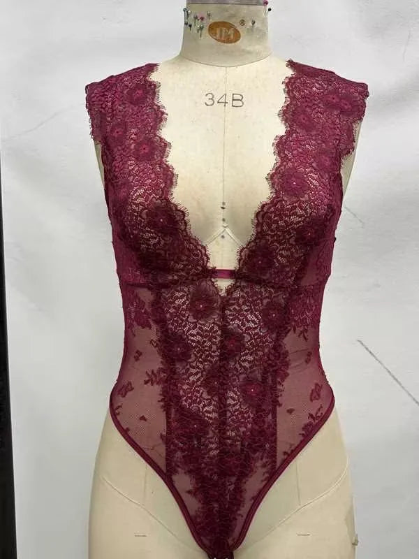 Body de Mujer con Encaje y Escote en V, Sin Mangas