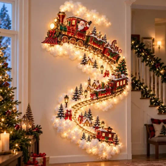 Decoración navideña de pared con luces LED y figuras festivas