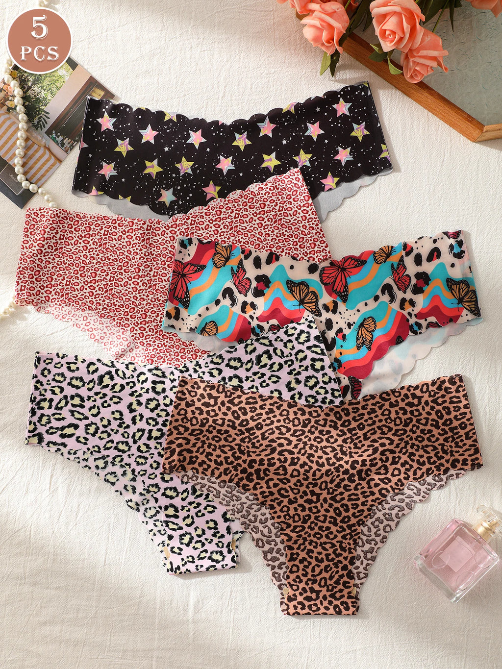 Paquete de 5 panties para mujer, lisos y estampados