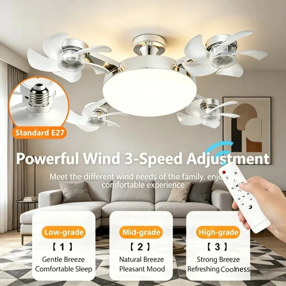 Bombilla Ventilador LED E27 3 en 1 — Control Remoto, Luz Tricolor Regulable, 3 o 4 Aspas